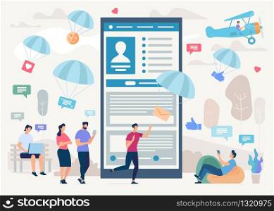 People Messaging in Social Network Flat Vector Concept. Male, Female Characters Using Smartphone and Laptop to Communicate with Friends Online, Internet User Profile on Smartphone Screen Illustration