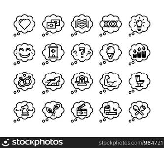 people mind thinking everyday speech bubble outline icon set, vector and illustration