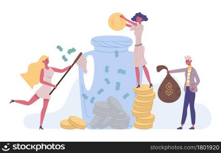 People money save, success financial investment concept. Investment, increasing capital financial strategy, saving money vector illustration. Characters make money savings in huge glass jar. People money save, success financial investment concept. Investment, increasing capital financial strategy, saving money vector illustration. Characters make money savings