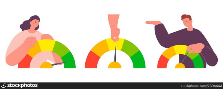 People mood self control. Happy and angry or sad scale, review, feedback concept. Customer satisfaction vector elements. Illustration of person emotion indicator and meter. People mood self control. Happy and angry or sad scale, review, feedback concept. Customer satisfaction vector elements