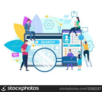 People Moving Around of Huge Computer Monitor and Smartphone Isolated on White Background. Search Window on Screen. Businessman Holding Magnifier, Climbing Man. App. Cartoon Flat Vector Illustration. People Moving Around of Huge Computer Monitor