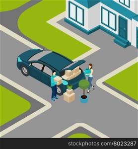 People moving From House Isometric Banner . Family moving from house to apartment loading packed boxes into car trunk isometric banner abstract vector illustration