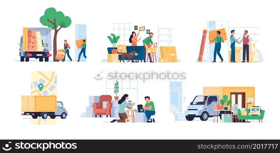 People moving home. Family relocation. Persons packing and loading things into trucks. Transportation furniture and boxes. Delivery workers relocating property. Vector professional movers works set. People moving home. Family relocation. Persons packing and loading things into trucks. Transportation furniture and boxes. Workers relocating property. Vector professional movers set