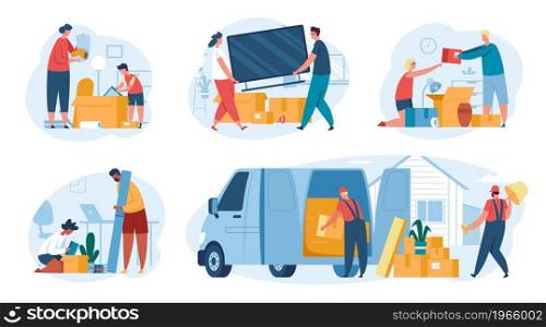 People moving houses, family relocating to new home. Characters unpacking things, delivery workers loading boxes in truck vector set. Man and woman carrying tv, child helping parent