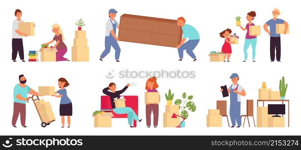 People moving in new home. Help transportation, delivery company move sofa. Couple relocation, family with packages and furniture vector set. Illustration unpacking box and move cardboard in house. People moving in new home. Help transportation, delivery company move sofa. Couple relocation, family with packages and furniture decent vector set