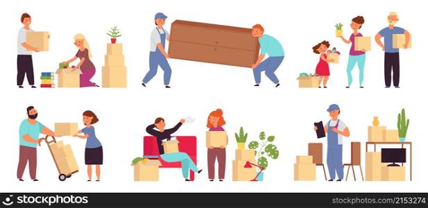 People moving in new home. Help transportation, delivery company move sofa. Couple relocation, family with packages and furniture vector set. Illustration unpacking box and move cardboard in house. People moving in new home. Help transportation, delivery company move sofa. Couple relocation, family with packages and furniture decent vector set