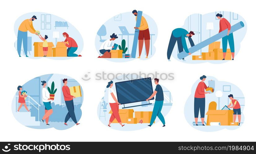People moving into new house, family unpacking boxes. Characters carrying things, packing furniture for moving, home relocation vector set. Interior full of cardboard cartons with household stuff