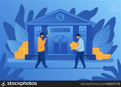 People near bank building. Men carrying piggy bank and counting money flat vector illustration. Finance concept for banner, website design or landing web page