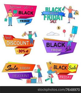People near captions with promotion. Black friday sale in stores and shops. Big discounts, best offers and prices on products. Men and women on shopping. Vector colorful labels for advertising. People near Caption, Shopping on Black Friday Sale