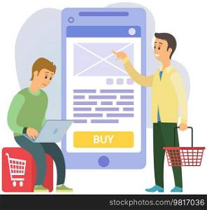 People near huge smartphone with buy icon on screen make online purchases. Smart app, retail mobility solutions, internet shopping, Men use application for shopping, online payment for goods. Men use application for shopping, online payment. People near smartphone with buy icon on screen