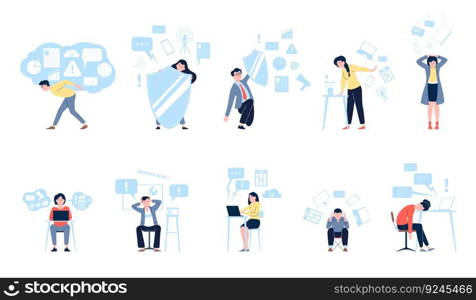 People nervous social media information overload. Lot of info and entertainment. Overwhelming communication, recent working stress vector scenes of overload concept internet illustration. People nervous social media information overload. Lot of info and entertainment. Overwhelming communication, recent working stress vector scenes