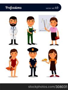People occupation characters. Policeman and lifeguard, waitress and repairman. People occupation characters