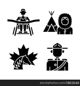People of Canada black glyph icons set on white space. Famous para athletes. Mounted police uniform. Inuit nationality. Canadian horse. Silhouette symbols. Vector isolated illustration. People of Canada black glyph icons set on white space