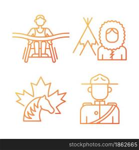 People of Canada gradient linear vector icons set. Famous para athletes. Mounted police uniform. Inuit nationality. Thin line contour symbols bundle. Isolated outline illustrations collection. People of Canada gradient linear vector icons set