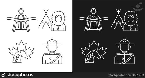 People of Canada linear icons set for dark and light mode. Mounted police uniform. Inuit nationality. Customizable thin line symbols. Isolated vector outline illustrations. Editable stroke. People of Canada linear icons set for dark and light modes set