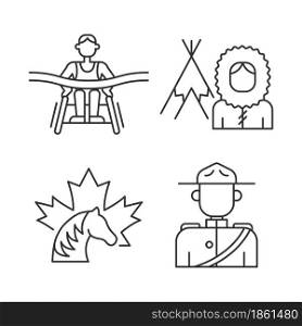 People of Canada linear icons set. Mounted police uniform. Inuit nationality. Canadian horse. Customizable thin line contour symbols. Isolated vector outline illustrations. Editable stroke. People of Canada linear icons set
