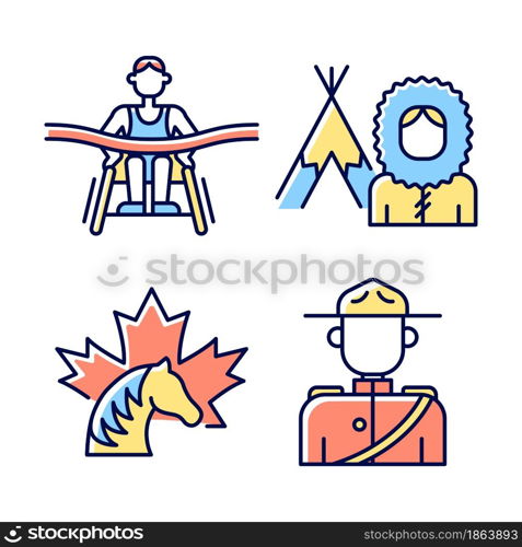 People of Canada RGB color icons set. Famous para athletes. Mounted police uniform. Inuit nationality. Canadian horse. Isolated vector illustrations. Simple filled line drawings collection. People of Canada RGB color icons set