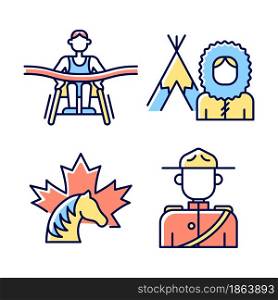 People of Canada RGB color icons set. Famous para athletes. Mounted police uniform. Inuit nationality. Canadian horse. Isolated vector illustrations. Simple filled line drawings collection. People of Canada RGB color icons set