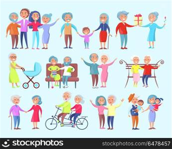 People of Different Age Isolated Illustration. Smiling people of different age isolated vector illustration on light blue background. Grandparents spending time with their kids and grandchildren