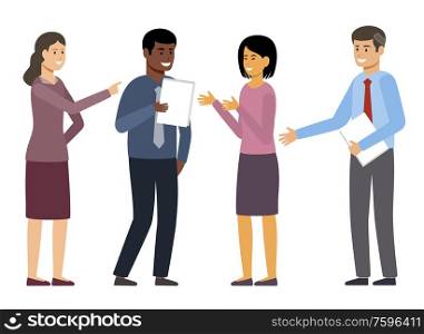 People of different nationalities are discussing. Business men and business women talking. Meeting. Vector flat illustration.