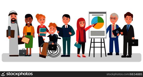 People of different nationalities, young and old, with disabilities, male and female involved in business project isolated vector illustration.. People that Involved in Business Illustration