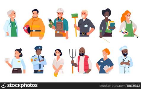 People of different professions. Cartoon worker portraits to waist with hands. Happy multiethnic men and women in uniform. Cute smiling person avatars. Professional activities. Vector employees set. People of different professions. Cartoon worker portraits to waist with hands. Multiethnic men and women in uniform. Smiling person avatars. Professional activities. Vector employees set