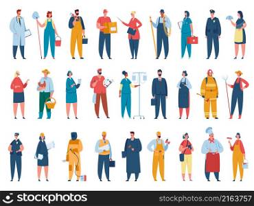 People of different professions in uniform doctor and firefighter, businessman and policeman. Vector people worker, scientist and manager, fireman and workman illustration. People of different professions in uniform doctor and firefighter, businessman and policeman