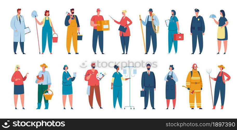 People of different professions, professional workers in uniform. Characters with various occupation doctor, artist, teacher vector set. Male and female employees with working equipment. People of different professions, professional workers in uniform. Characters with various occupation doctor, artist, teacher vector set