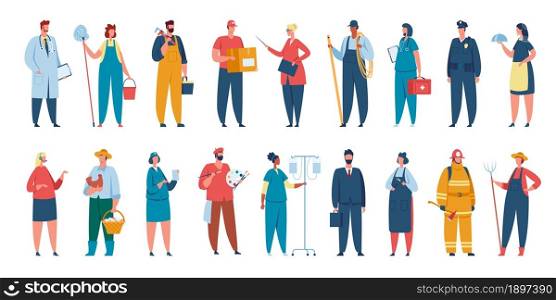 People of different professions, professional workers in uniform. Characters with various occupation doctor, artist, teacher vector set. Male and female employees with working equipment. People of different professions, professional workers in uniform. Characters with various occupation doctor, artist, teacher vector set