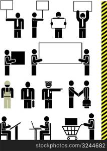 People of different professions - set of stylized vector pictograms. Units. Isolated, icons, design elements. Yellow & black police tape - seamless.