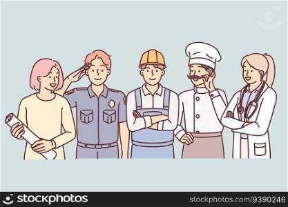 People of different professions stand together next to service uniforms for labor day banner. Successful cook with doctor near young policeman and builder offer to celebrate labor day. People of different professions stand together next to service uniforms for labor day banner