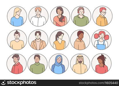 People of different races and nationalities concept. Set of young positive people of different ethnicities smiling and looking at camera in round frames, avatars or smiling people vector illustration . People of different races and nationalities concept