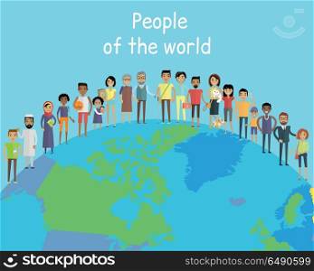 People of the World Vector Concept on Globe. People of the world vector concept in flat design on the abstract globe. Couples with children. Peoples of all ages and human races in national clothes, different poses and variety professions