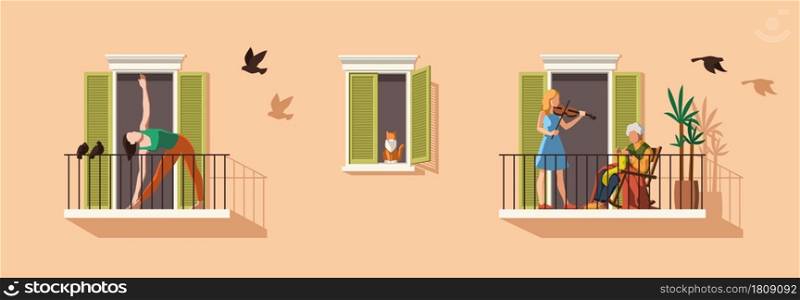 People on balcony. Balconies for relaxing. Woman does sport, plays music, grandmother knitting, Brick wall of building facade, characters hobbies concept. Vector flat cartoon isolated illustration. People on balcony. Balconies for relaxing. Woman does sport, plays music, grandmother knitting, Brick wall of building facade, characters hobbies. Vector flat cartoon isolated illustration