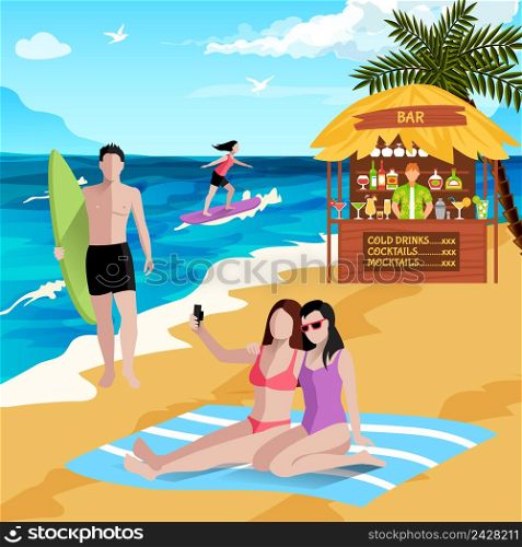 People on beach background with faceless human characters of board surfers vacationers making selfies with beach bar vector illustration. Holidays At Seaside Background