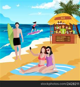 People on beach background with faceless human characters of board surfers vacationers making selfies with beach bar vector illustration. Holidays At Seaside Background