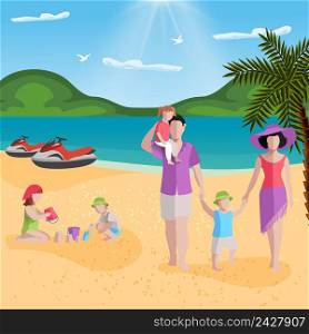 People on beach background with tropical beach scenery and faceless characters of family members parents with kids vector illustration. Family Rest In Lagoon Composition