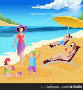 People on beach composition with tropical sea landscape kids sporting upon the shore and adult characters vector illustration. Coastal Paradise Beach Composition
