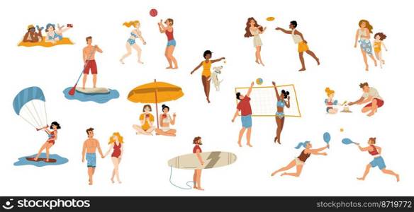 People on beach isolated set. Men, women and kids characters performing summer sports and leisure outdoor activities at sea or ocean shore, playing games, water sport Line art flat vector illustration. People on beach isolated set characters at sea