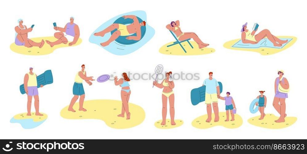 People on beach. Person reading and relax, swimming on sea or ocean. Sunbathing characters, summer happy vacation. Happy family kicky vector set. Illustration of people relax and sunbathing. People on beach. Person reading and relax, swimming on sea or ocean. Sunbathing characters, summer happy vacation. Happy family kicky vector set