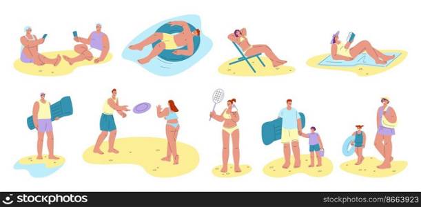 People on beach. Person reading and relax, swimming on sea or ocean. Sunbathing characters, summer happy vacation. Happy family kicky vector set. Illustration of people relax and sunbathing. People on beach. Person reading and relax, swimming on sea or ocean. Sunbathing characters, summer happy vacation. Happy family kicky vector set