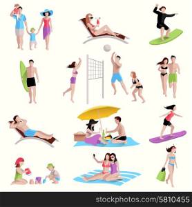 People on beach playing jogging surfing icons set isolated vector illustration. People On Beach Icons