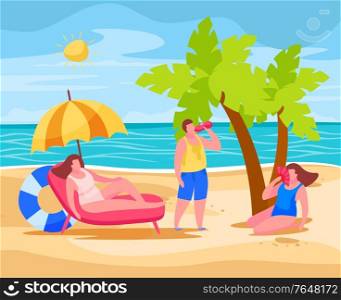 People on beach preventing summertime overheating heatstroke sitting under umbrella drinking water using chinese fan vector illustration