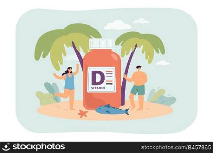 People on beach with huge vitamin D supplement. Sun and nutrients for good skin flat vector illustration. Health, pharmacy, deficiency concept for banner, website design or landing web page