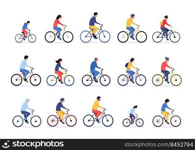 People on bicycle. Cartoon persons ride on bike, different sportsmen cycling together, man and woman with active lifestyle. Vector men and women bicyclers set of cartoon activity illustration. People on bicycle. Cartoon persons ride on bike, different sportsmen cycling together, man and woman with active lifestyle. Vector men and women bicyclers set