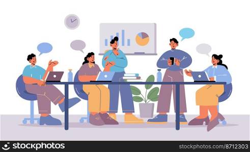 People on business meeting in office conference room. Concept of teamwork, communication in company, brainstorming and discussion in team. Vector flat illustration of people with speech bubbles. People on business meeting, discussion in team