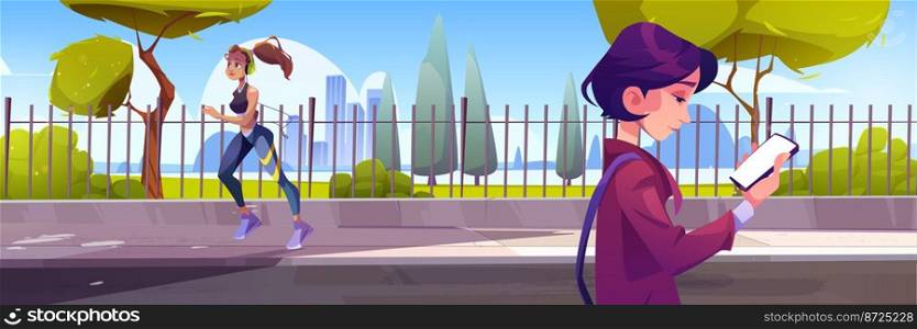 People on city street, sportswoman run along metal fence, young girl with smartphone walk by roadside reading messages. Summer outdoor recreation, sport, walk and activity, Cartoon vector illustration. People on city street, sportswoman run, girl walk