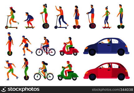 People on city transport. Electric scooter hoverboard, segway and roller skates. Town vehicle and transport car. Urban walking and car transport vector isolated icons illustration set. People on city transport. Electric scooter hoverboard, segway and roller skates. Town vehicle and transport car vector illustration