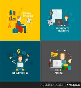 People on computer design concept set working internet surfing online shopping flat icons isolated vector illustration. Computer Working Flat