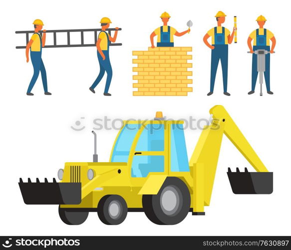 People on construction, isolated team of workers and machinery. Excavator and person building wall with bricks, workman with ladder drill ladder. Vector illustration in flat cartoon style. Construction Workers and Equipment Machinery Set